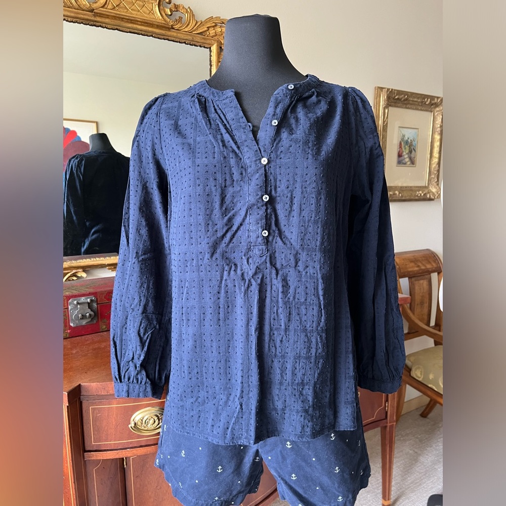 Talbots dark navy blue 3/4 poof-sleeve blouse with great details.